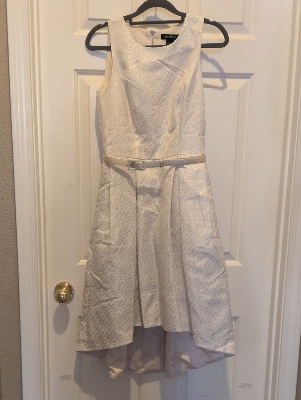 White House Black Market Ivory Sparkle High-Low Belted Fit-and-Flare Dress